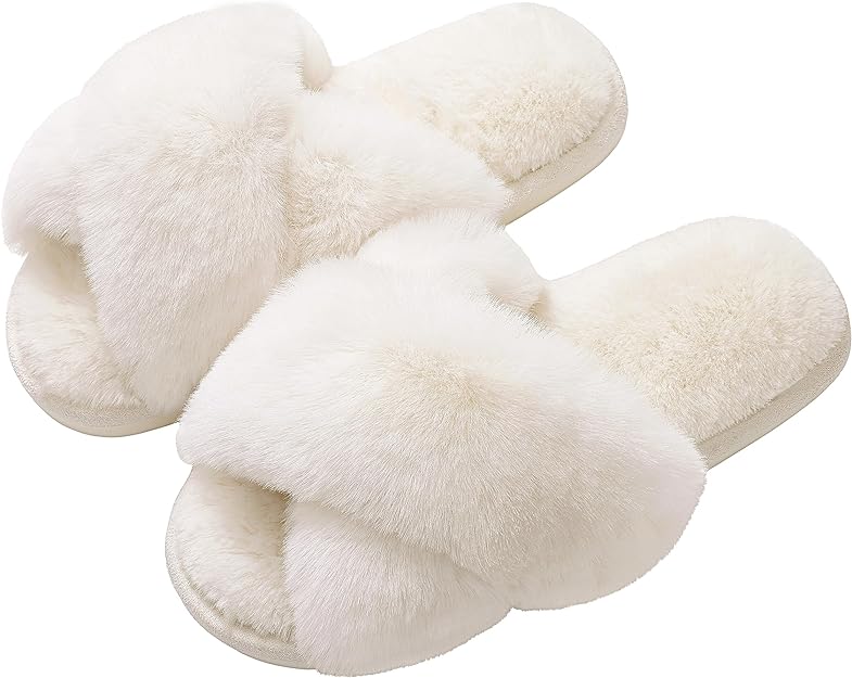 Women's Fuzzy Slippers Cross Band Memory Foam House Slippers Open Toe