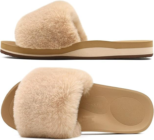 Womens Sliders Plush House Slippers Flat Sandals For Women Memory Foam Fuzzy Open Toe Slippers With Arch Support Anti Skid Ladies Slip On Fur Slide Slippers House Shoes Mules Indoor