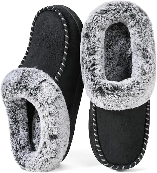 Women's Memory Foam House Slippers with Hard Bottom, Fur Lined House Shoes with Non-Slip Rubber Sole for Indoor & Outdoor